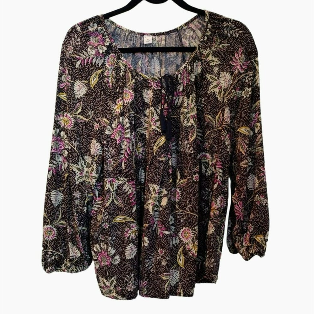Old Navy Boho Top, Peasant Blouse, Navy Floral Size XL, Rayon Blue Purple Green